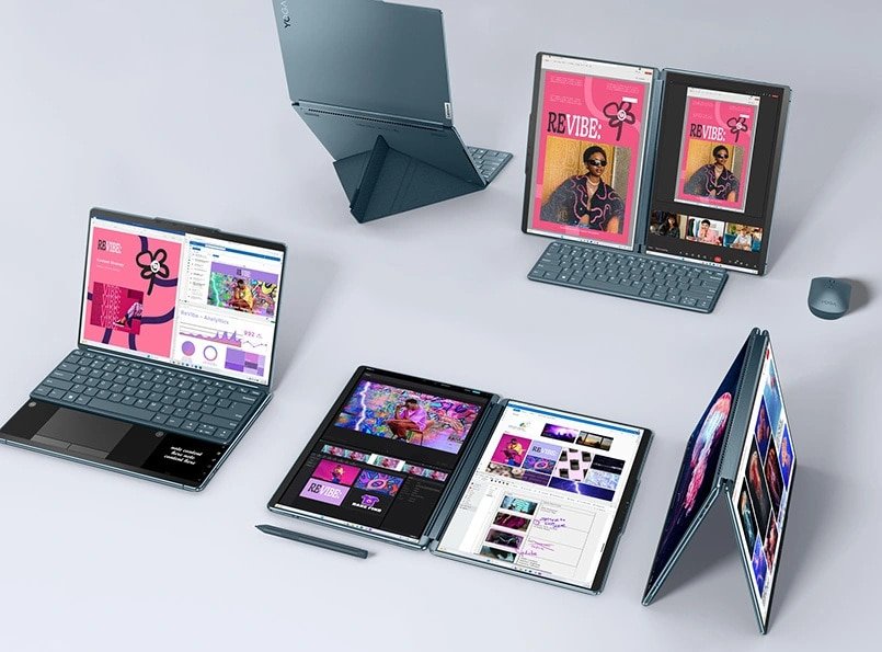 El Yoga Book 9i en cinco escenarios de uso diferentes, incluida la funda con soporte, el teclado, el lápiz óptico y el ratón