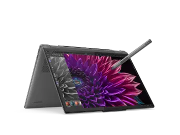 El Yoga 7i 2 en 1 Gen 9 (40,64 cm [16”] Intel) en modo de tienda con un diseño floral en la pantalla y un lápiz óptico colocado en la pantalla