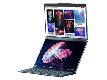 Yoga Book 9i con teclado y soporte ilustrando la funcionalidad de doble pantalla