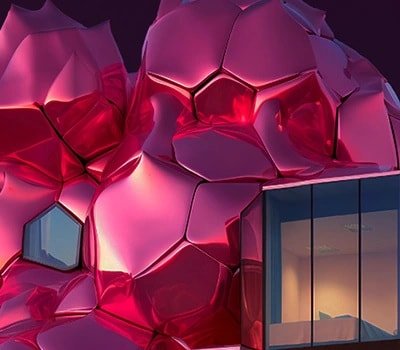 Diseño poliédrico rojo y gris con una ventana en el lado izquierdo