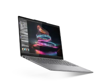 Vista desde el ángulo izquierdo del Lenovo Yoga Pro 7i Gen 9 (35,56 cm [14”] Intel) con un remolino de luz en pantalla