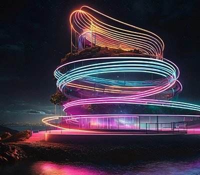 Haz de luz amarilla, azul y rosa en un diseño con forma de remolino
