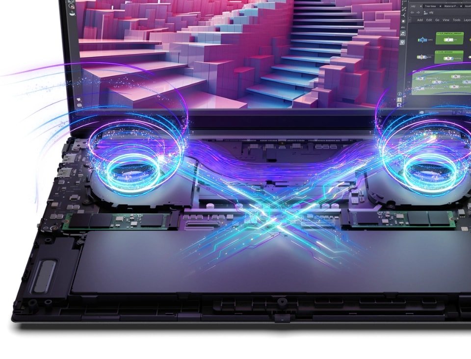 Vista de corte del Yoga Pro 9i Gen 9 (40,64 cm [16”] Intel) con remolinos azules en forma de X que representan la tecnología de refrigeración