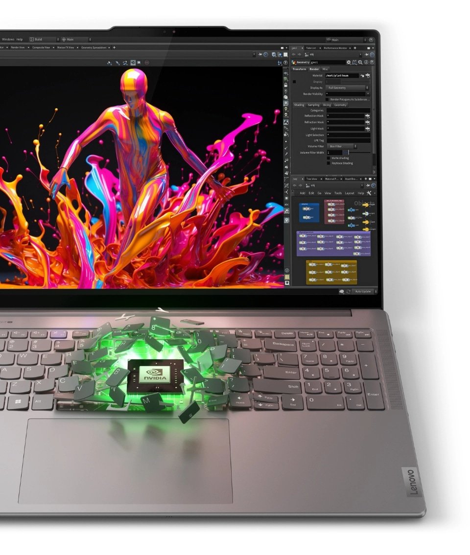 Yoga Pro 9i Gen 9 (40,64 cm [16”] Intel) abierto con un chip de la marca NVIDIA atravesando el teclado