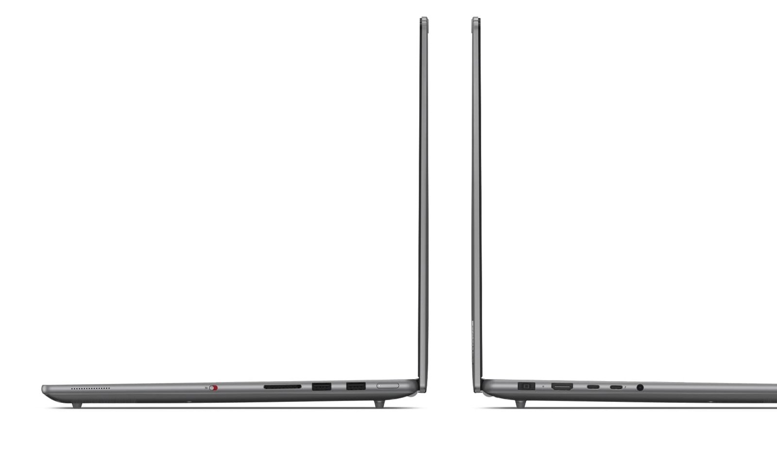 Vista de perfil izquierdo y derecho del Lenovo Yoga Pro 9i Gen 9 (40,64 cm [16”] Intel) abierto 90 grados mostrando los puertos y conectores