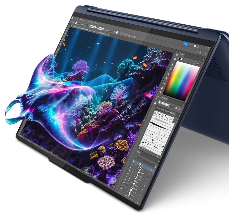 Lenovo Yoga 2 en 1 con una criatura acuática emergiendo de la pantalla