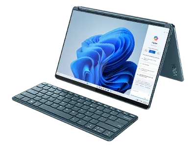 Lenovo Yoga Book 9i en modo tienda con teclado inalámbrico