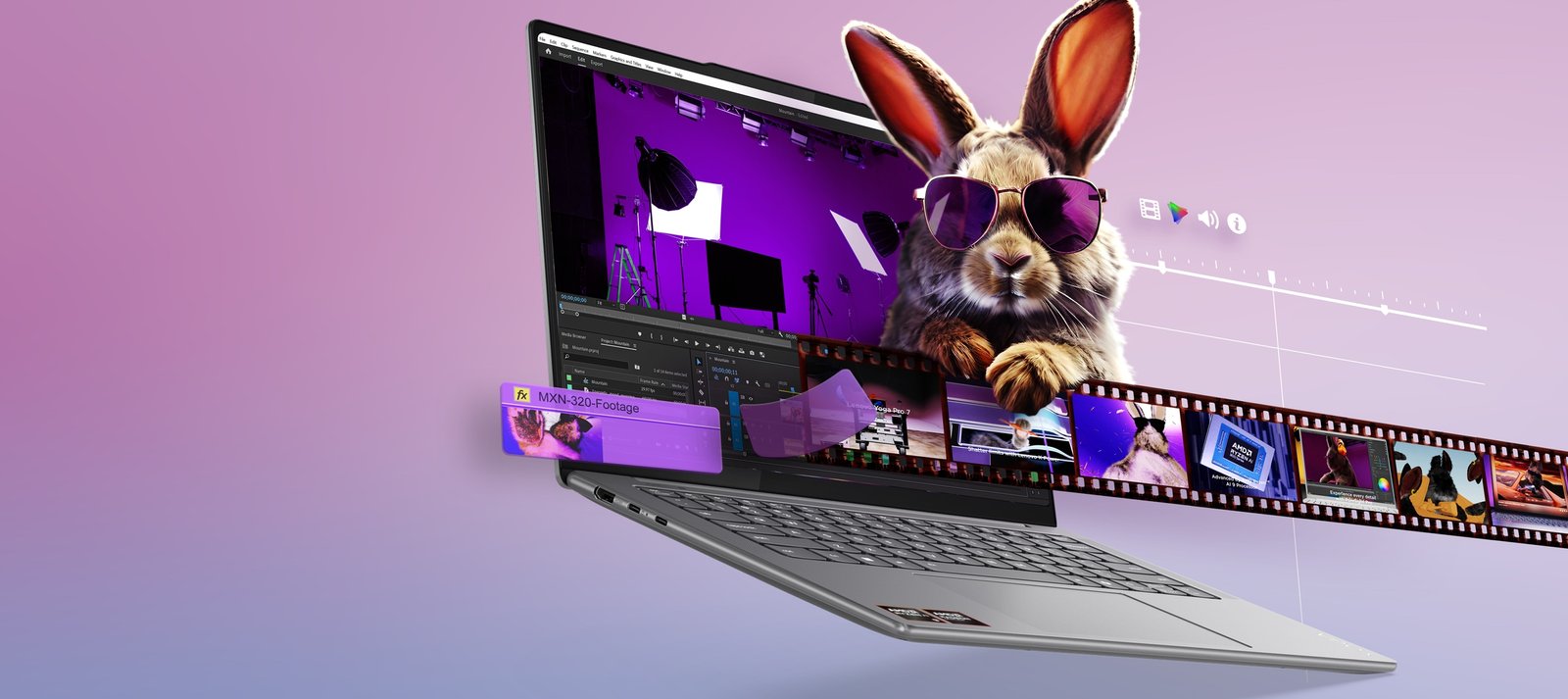 Portátil Lenovo Yoga en posición vertical mostrando un programa de edición de imágenes en la pantalla con un personaje animado que sale de la pantalla.