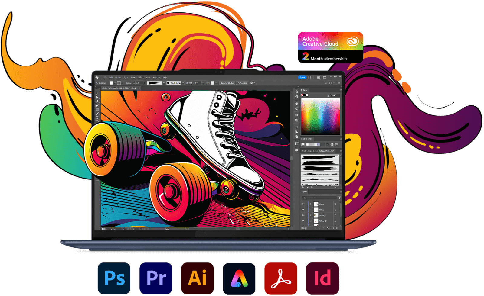 Portátil Lenovo Yoga mirando hacia el frente con Photoshop en pantalla, además de varios iconos de aplicaciones de Adobe Creative Cloud.